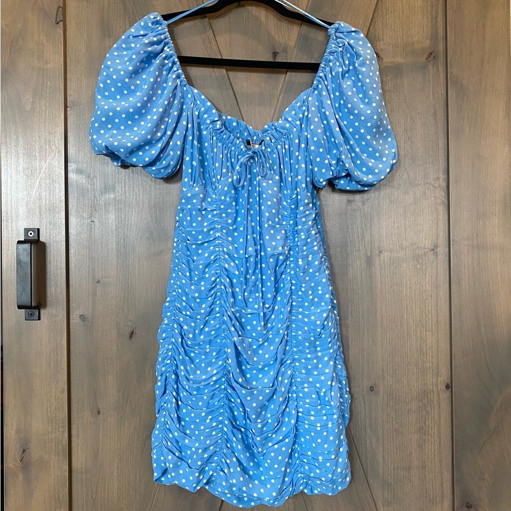 NEW! ZARA Mini Dress SS20 Draped Lined Polka Dot Sky Blue White Size Small - Picture 2 of 16